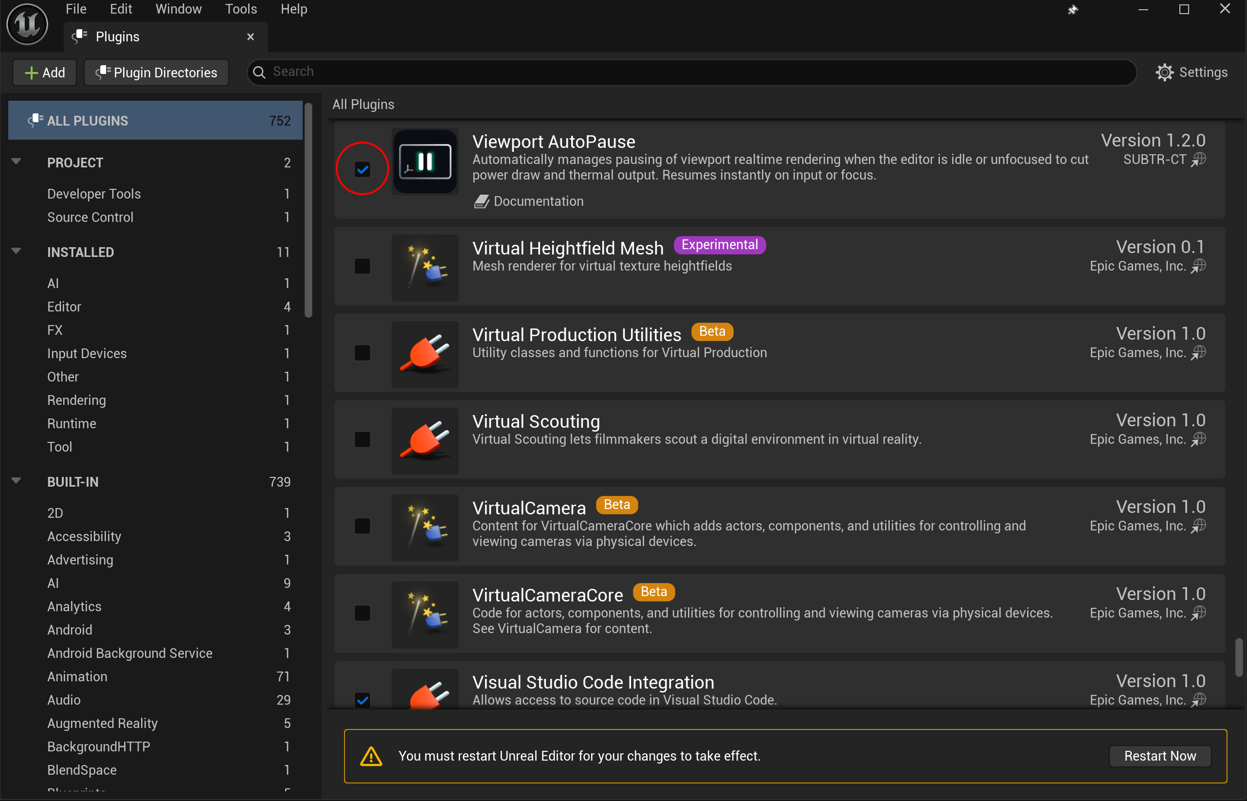 The Plugins window with Viewport AutoPause's checkbox highlighted