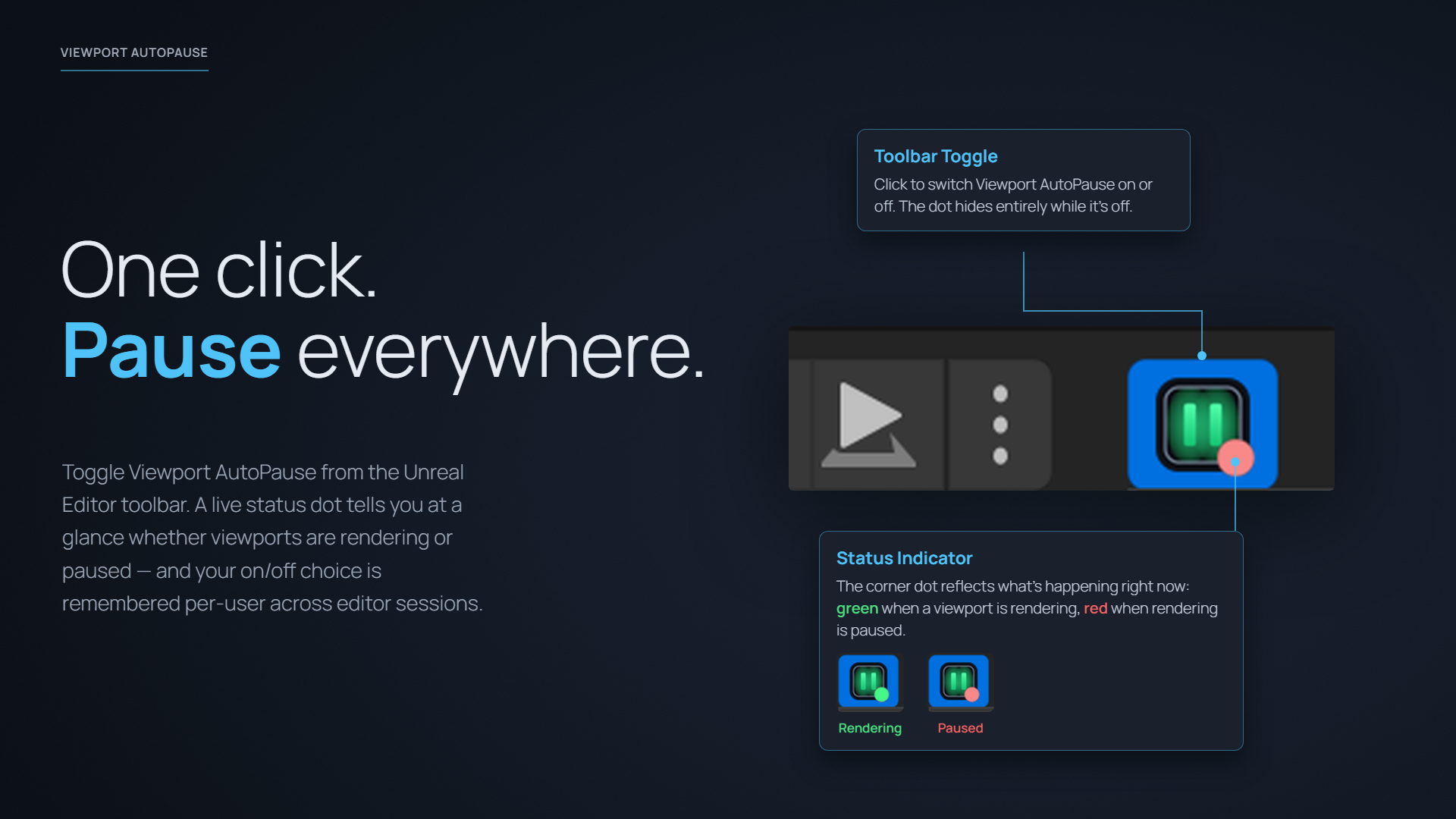 The Viewport AutoPause toolbar button and its status dot